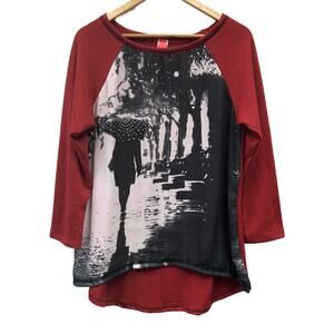 Passport Love Top Womens Medium Red Black White Studded Umbrella